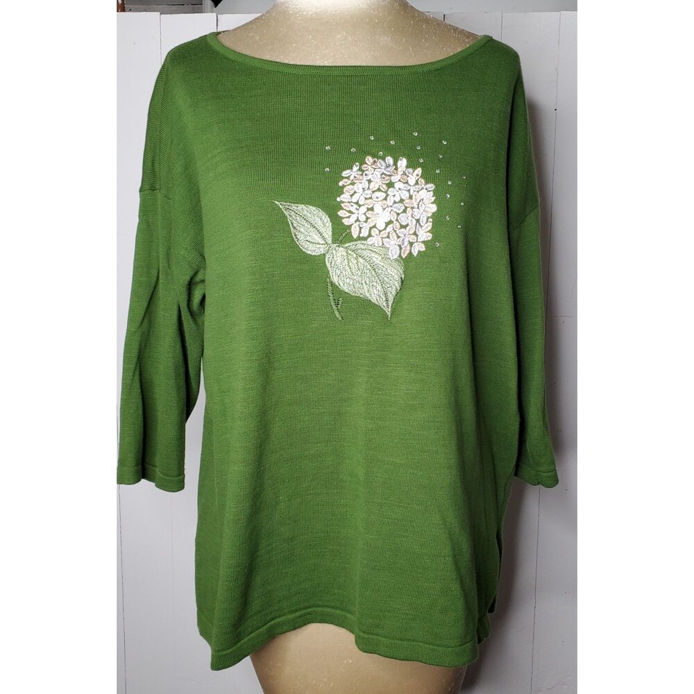 Bua/Bua Pullover L Green 100% Cotton 3/4 Sleeve Embroidery Flowers Sparkle Bling